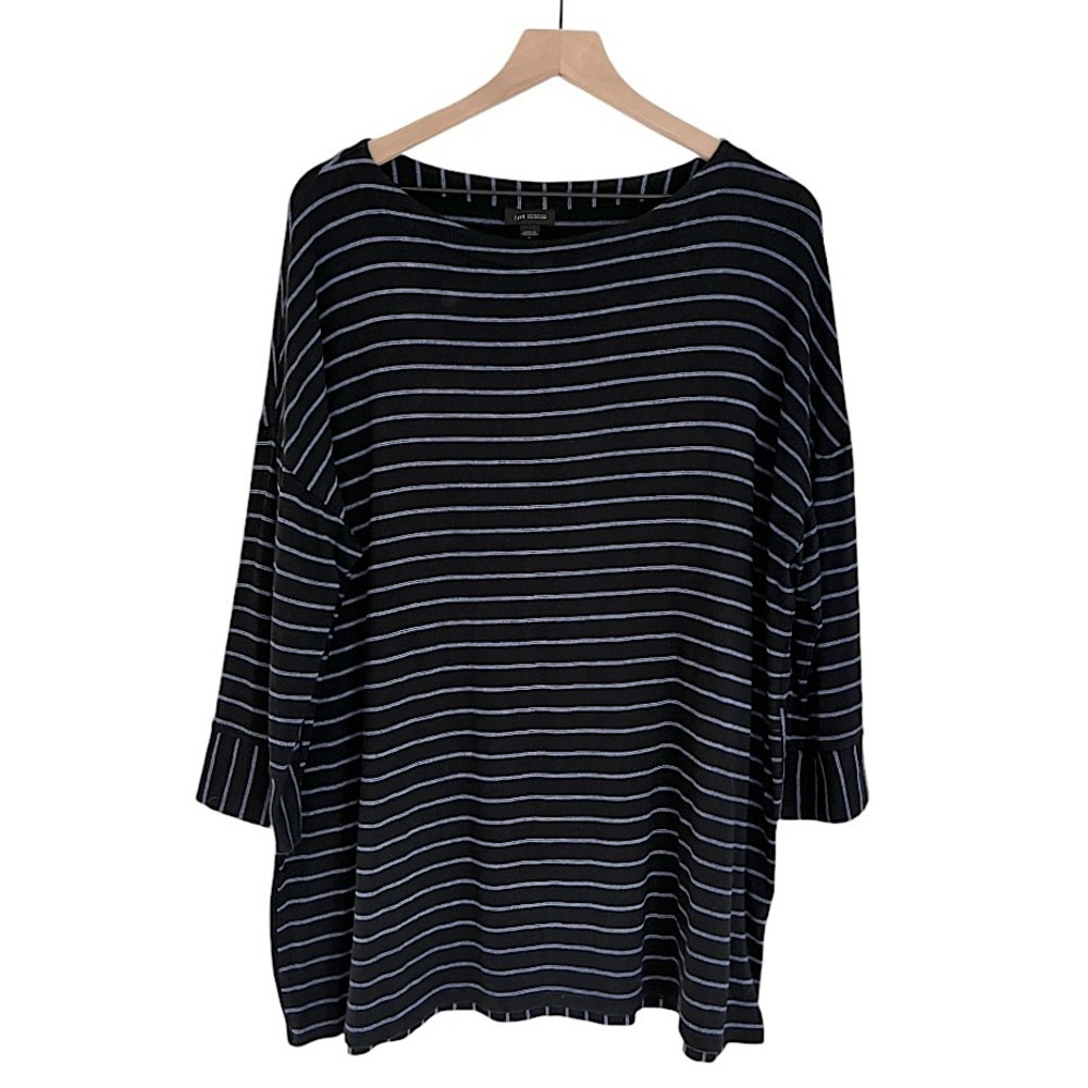 J. Jill Wearever Collection Azure Striped 3/4‎ Sleeve Tunic Top Black Blue Large